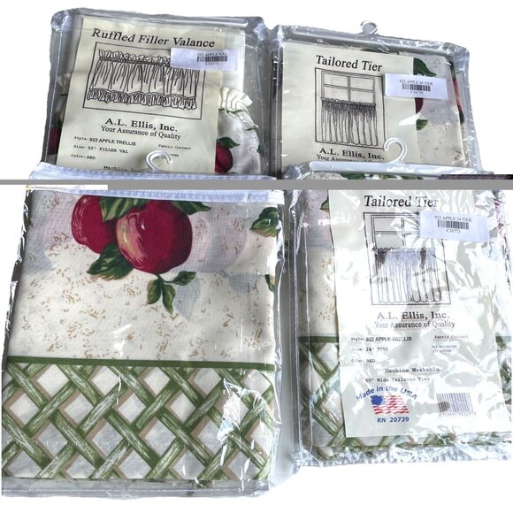 VTG A.L. Ellis Apple Trellis Curtains Valance & Tiers Set of 4 Cottagecore NOS - Picture 1 of 6
